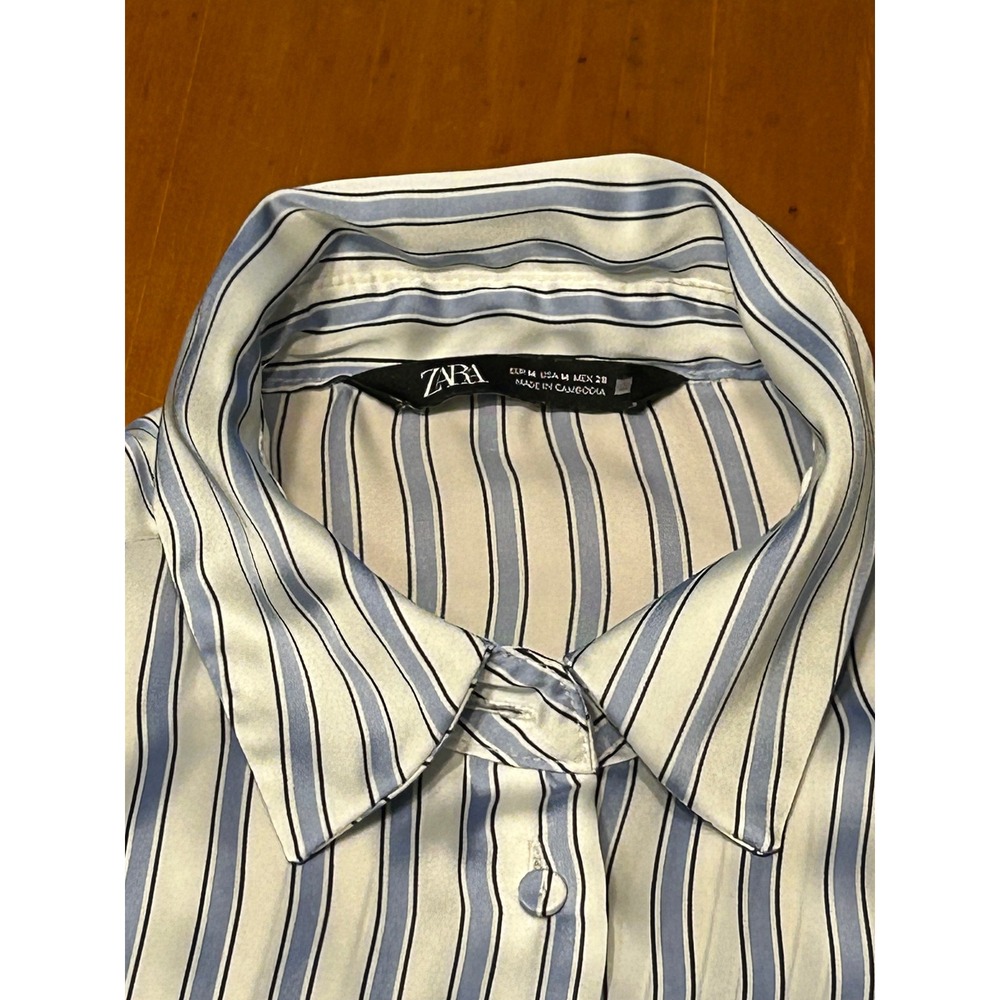 Zara Old Money Nautical Blue White Striped Satin Oversized Button Down Top - Picture 10 of 13